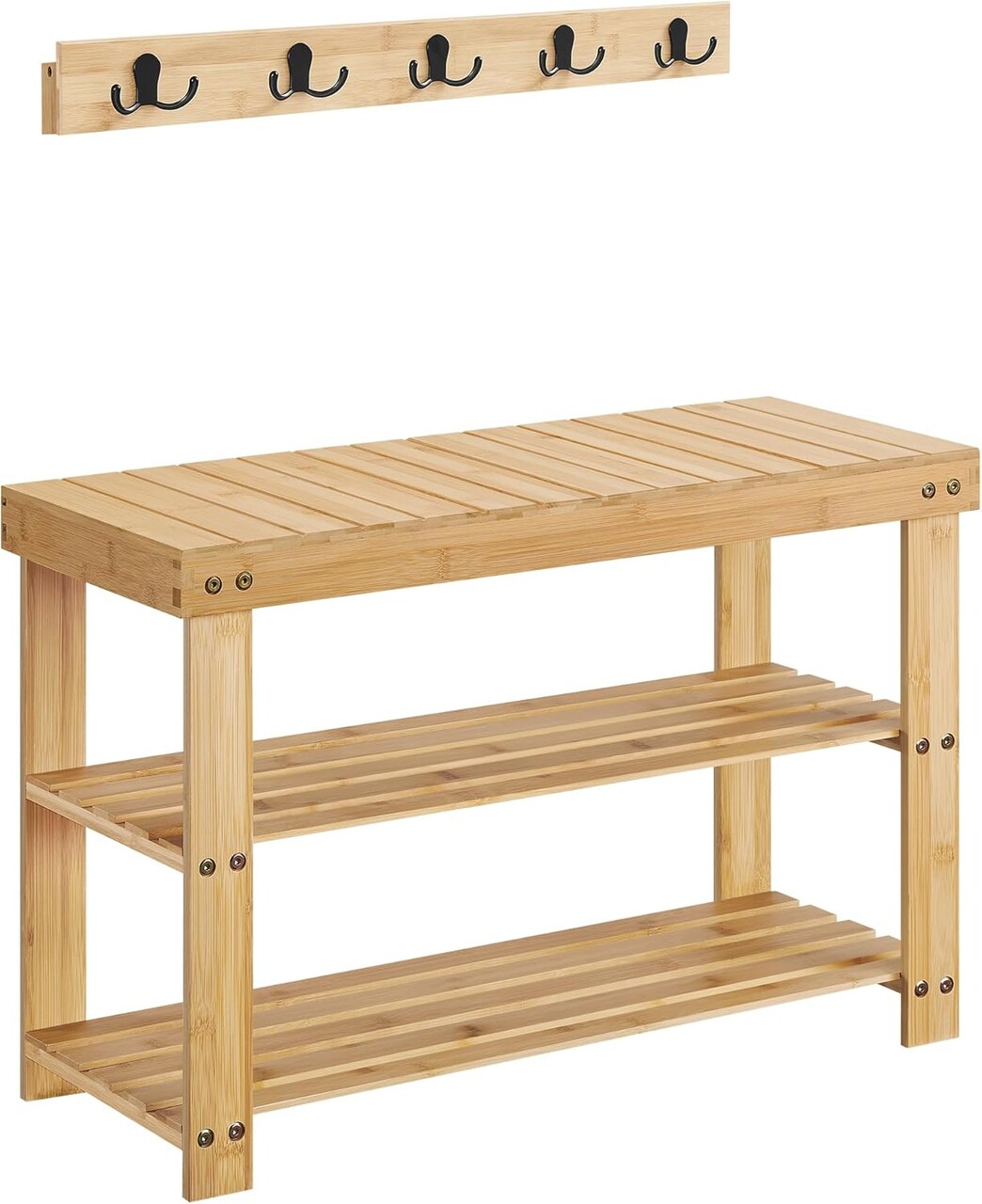 Set bancheta cu pantofar si cuier de perete Bamboo, Vasagle, 70x28.7x52.3 cm, bambus, natural - 1 | YEO