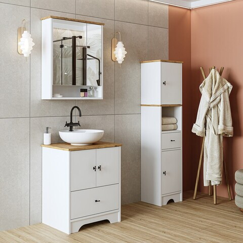 Set Dulap de Baie cu Chiuvetă și Oglindă (3 Piese), Hanah Home, 2409, MDF-LAM, Alb mat