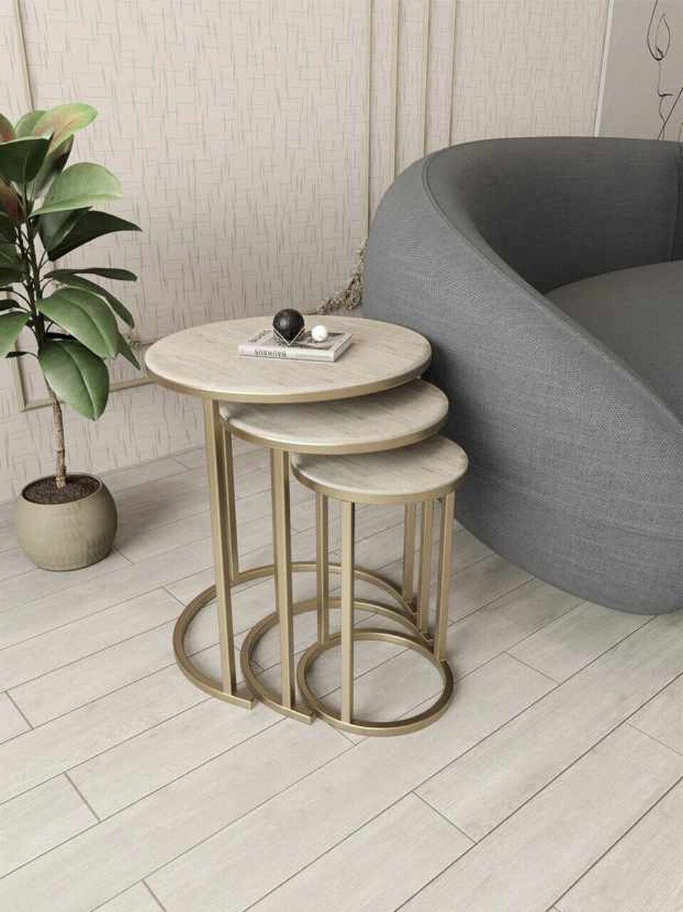 Set masute 3 piese, Hanah Home, Milas 3, Aur / Travertin — imaginea 2
