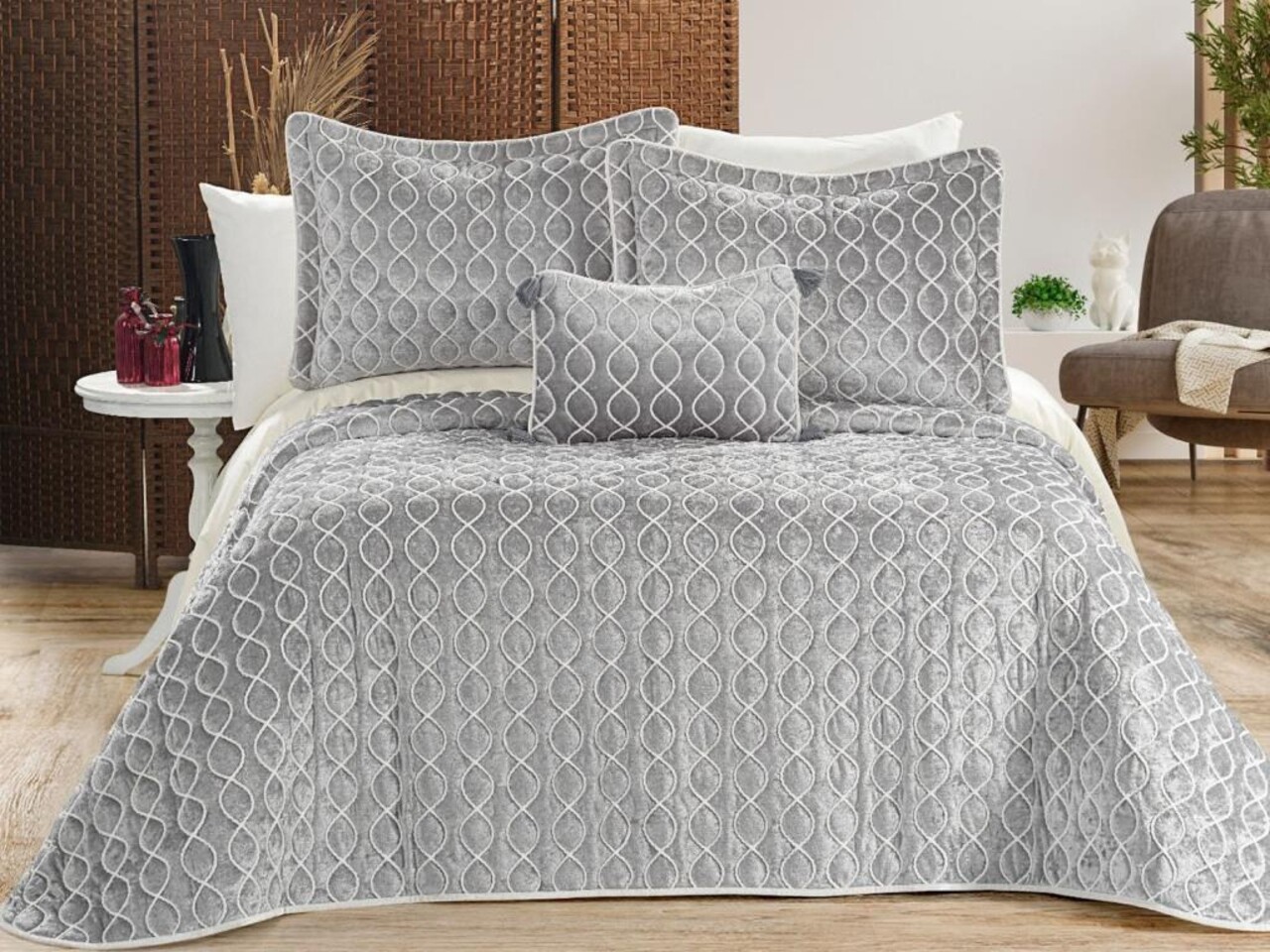 Set cuvertura de pat dubla 3 piese, Brillance - Grey, Dowry World, Catifea