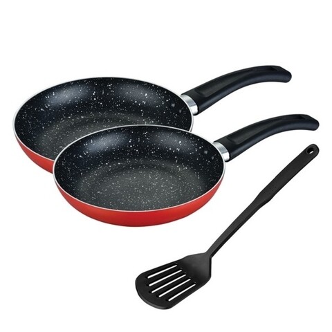 Set 2 tigai si 1 paleta perforata Muhler, MR-2824S, aluminiu presat/invelis din marmura/nailon, rosu