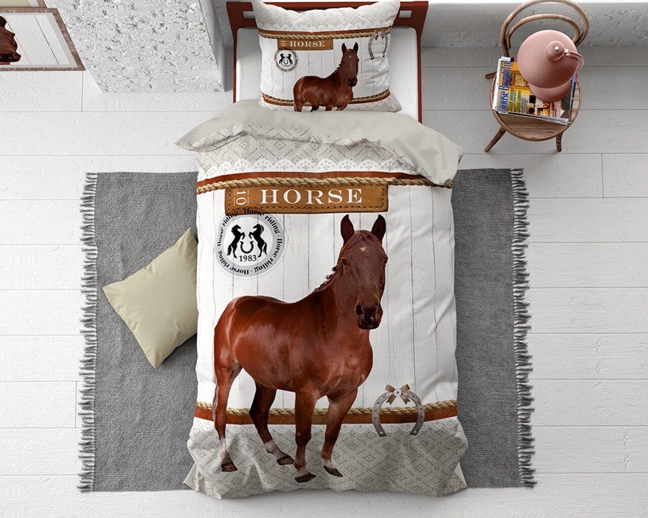 Lenjerie De Pat Pentru O Persoana, Horse Riding Brown, Dreamhouse, 2 Piese, 200x220 Cm, Bumbac, Maro