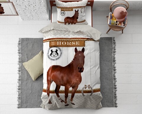 Lenjerie de pat pentru o persoana, Horse Riding Brown, Dreamhouse, 2 piese, 200x220 cm, bumbac, maro
