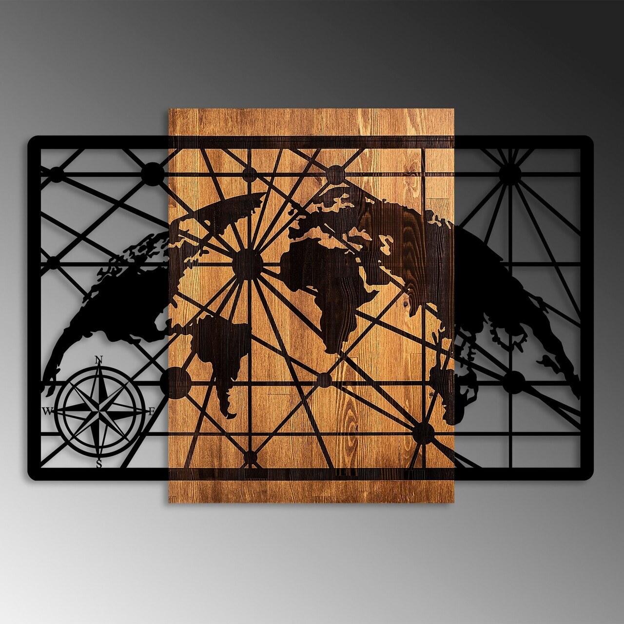 Decoratiune de perete, World Map 5-L, Dimensiuni: 70 x 99 cm, Nuc / Negru — imaginea 4