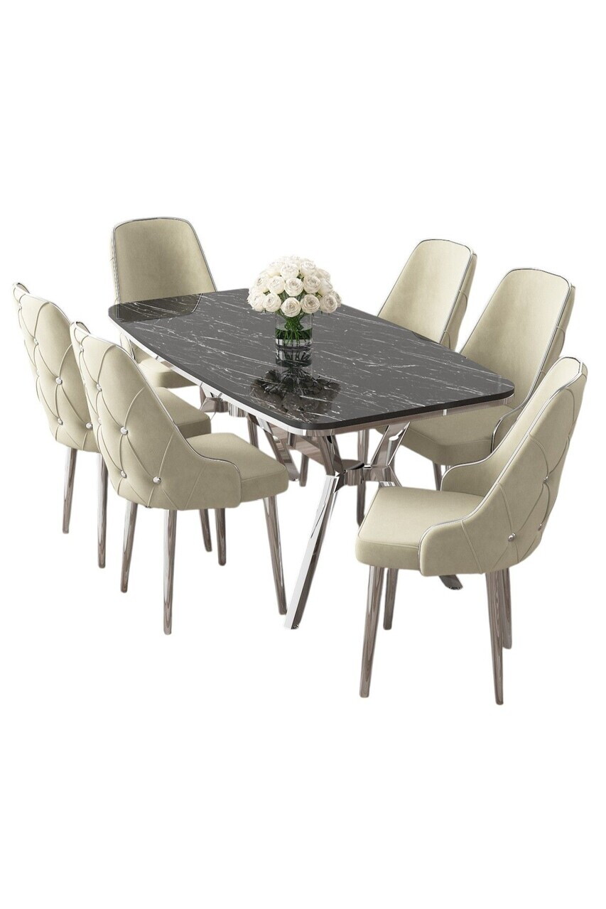 Set masa si scaune (7 piese), Hanah Home, Asel, Sonata / Crom / Cremă — imaginea 2