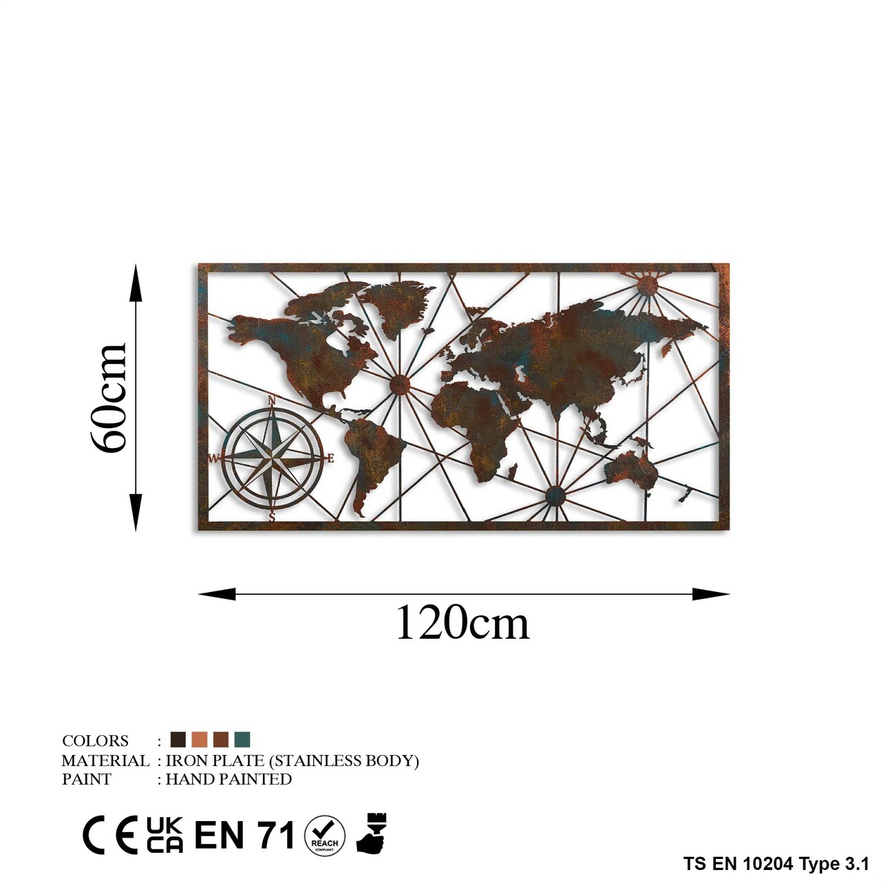 Decoratiune de perete, World Map Large, Lățime: 120 cm Înălțime: 60 cm, Multicolor - imagine 7