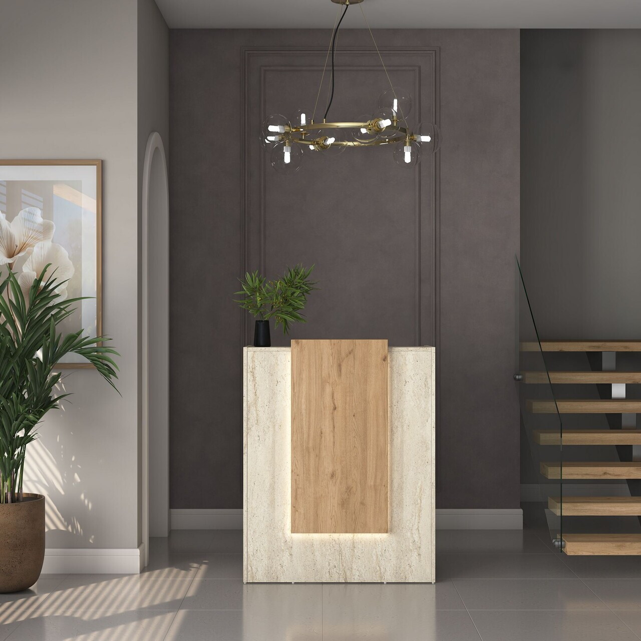 Masa de receptie, Hanah Home, MA104, 90x110x40 cm, PAL melaminat, Travertin / Nuc - view 2