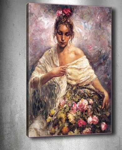 Tablou decorativ maria with flowers, tablo center, 40x60 cm, canvas, multicolor