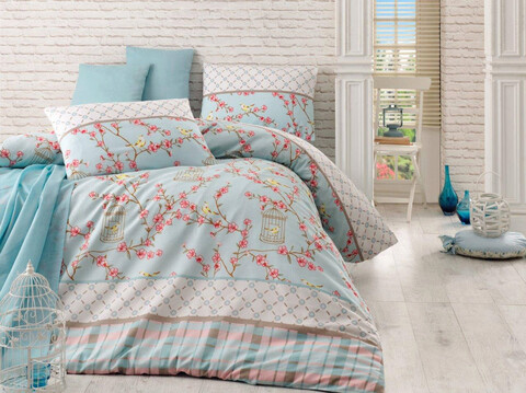 Lenjerie de pat pentru o persoana Single XXL (DE), 2 piese, Birdcage - Turquoise, Eponj Home, 65% bumbac/35% poliester