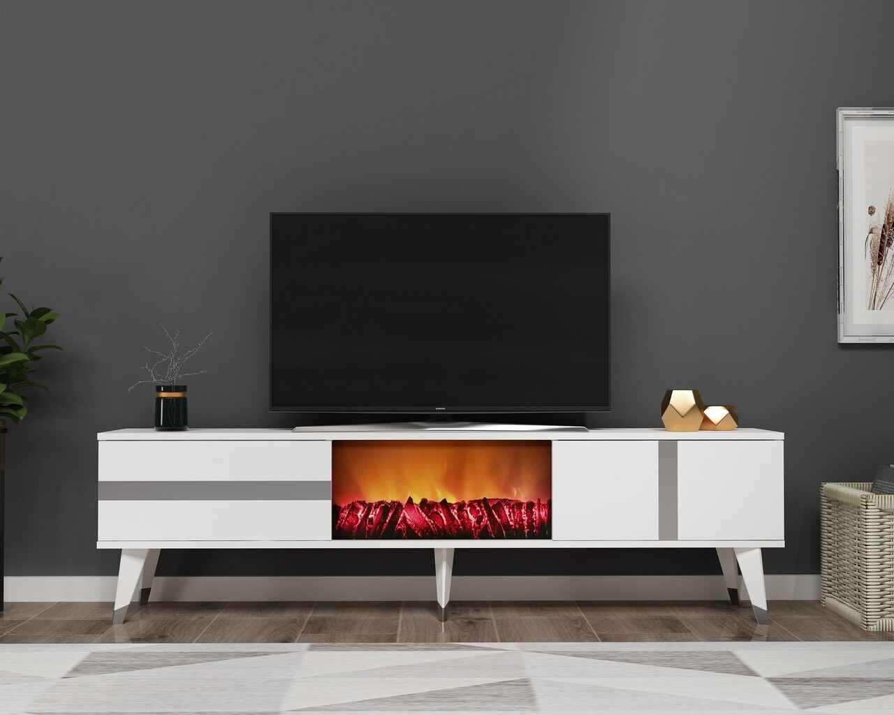 Comoda TV, Olivia, Vania Fireplace, 150x50x29.6 cm, PAL , Alb / Argintiu - 1 | YEO