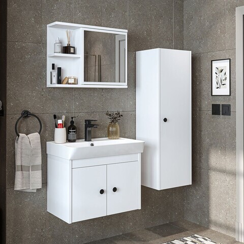 Set Dulap de Baie cu Chiuvetă și Oglindă (3 Piese), Hanah Home, 2866, PAL MELAMINAT, Alb