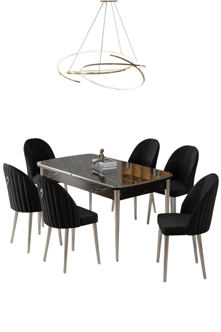 Set masa extensibila si scaune (7 piese), Hanah Home, Rada, Model de marmură neagră / Crom / Negru — imaginea 2