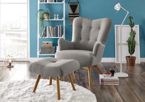 Fotoliu cu taburet, arndt, steel grey, lemn/poliester, gri