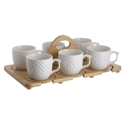 Set 6 cesti pentru ceai cu tava din bambus InArt, 280 ml, portelan