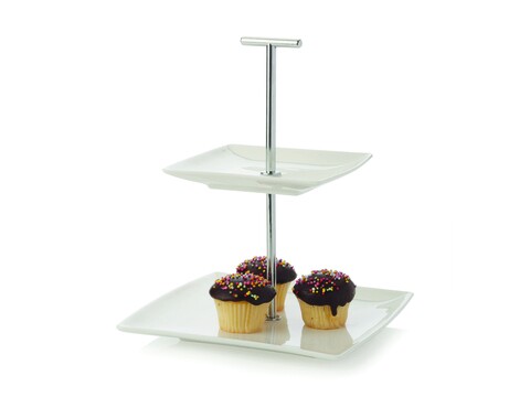 Suport etajat pentru gustari, Maxwell & Williams, White Basics, 18 x 18 x 22 cm, portelan/inox, alb