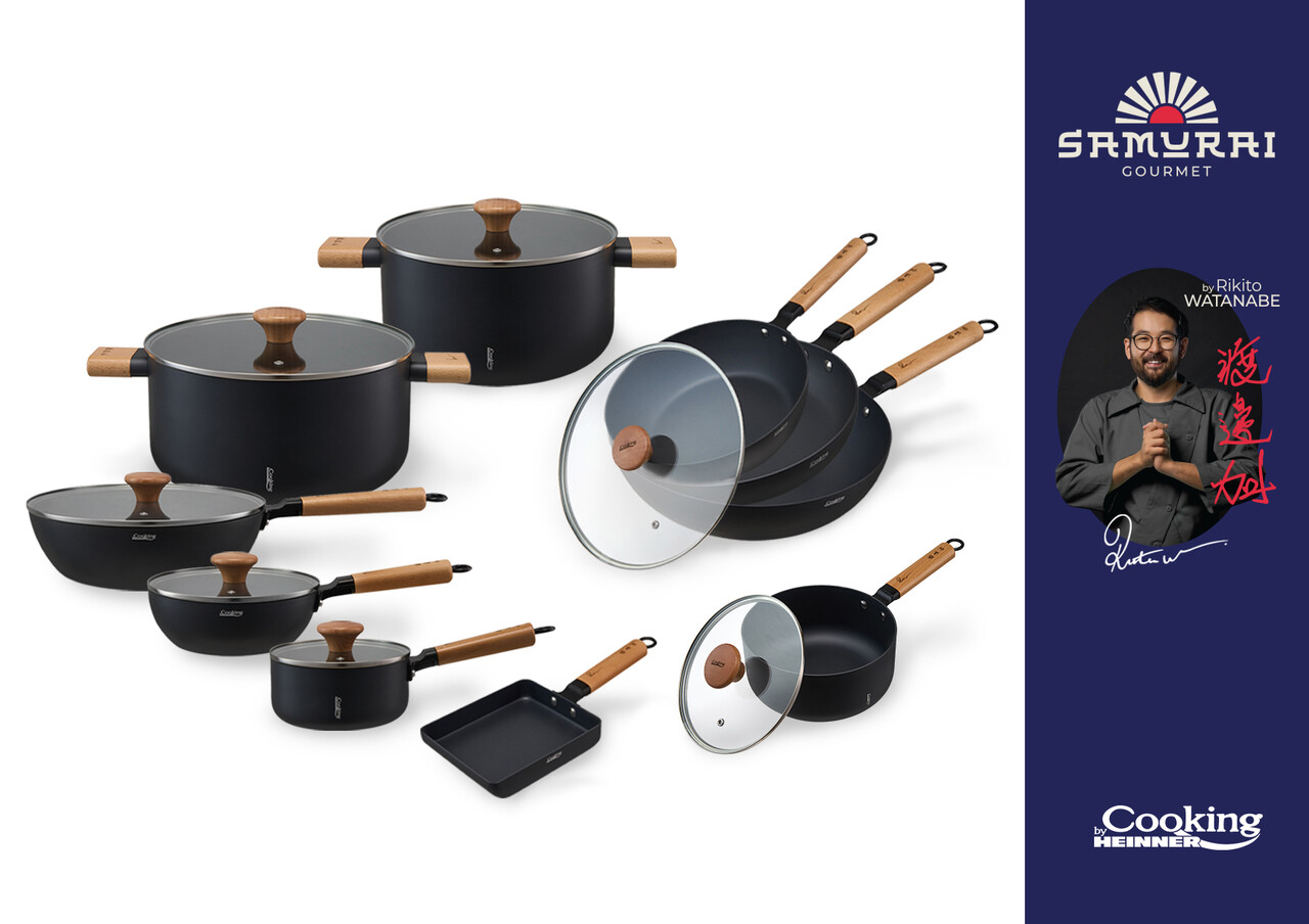 Tigaie Wok cu capac, Samurai Gourmet by Rikito Watanabe si Cooking by Heinner, 20x7 cm, aluminiu, negru/natur - imagine 8