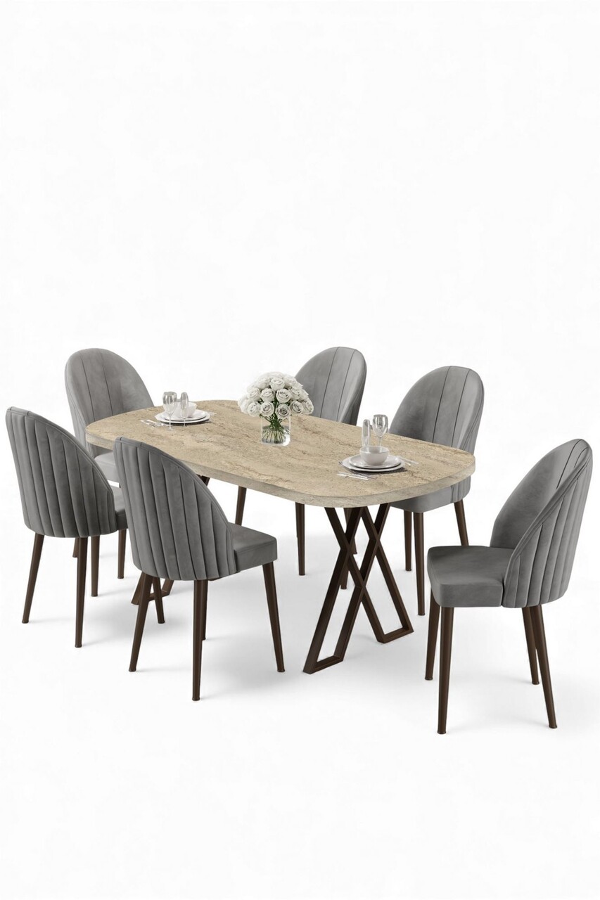 Set masă și scaune (7 piese), Hanah Home, Kaye, Travertin / Gri - view 2