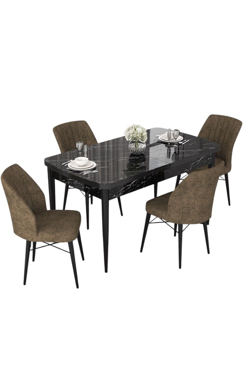 Set masa extensibila si scaune (5 piese), Hanah Home, Nef, Model de marmură neagră / Maro — imaginea 2