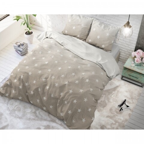 Lenjerie de pat dubla Twinkle Stars Sand, Sleeptime, 3 piese, 200 x 220 cm, cotton blended, crem cu alb