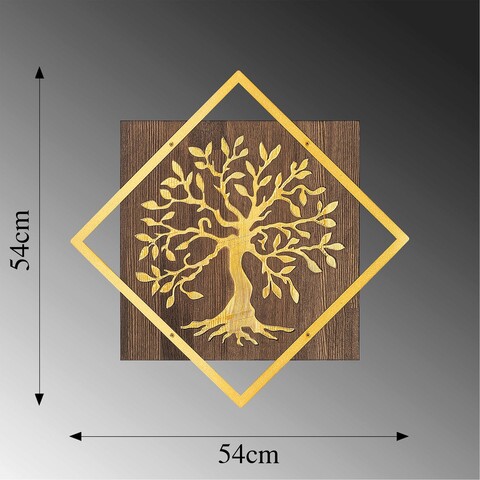 Decoratiune de perete, Tree v2, 50% lemn/50% metal, Dimensiune: 54 x 54 cm, Nuc / Aur