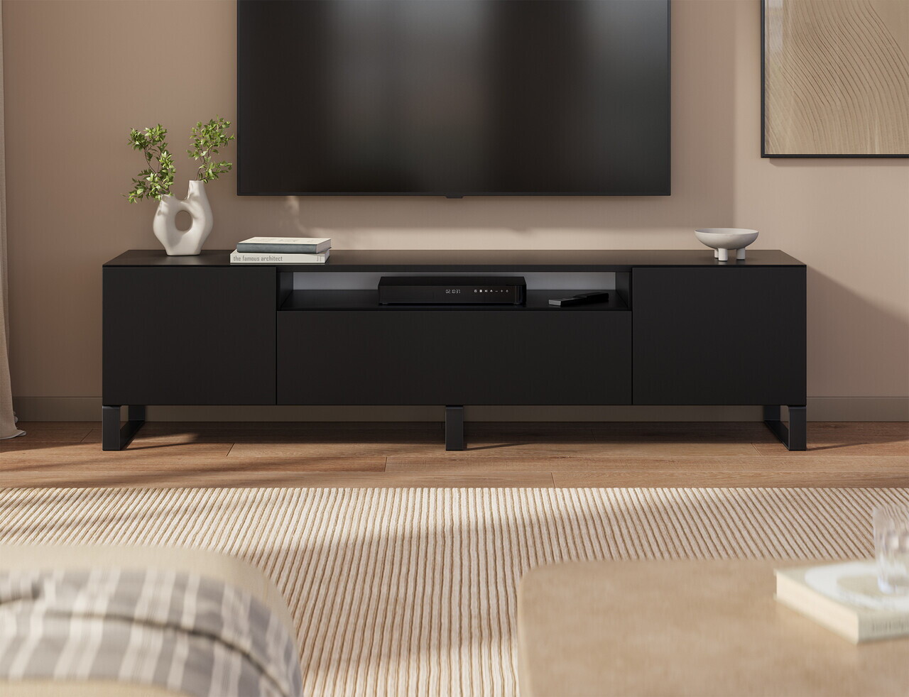 Comoda TV ADRK, Femur, 200x41x53 cm, PAL laminat, negru