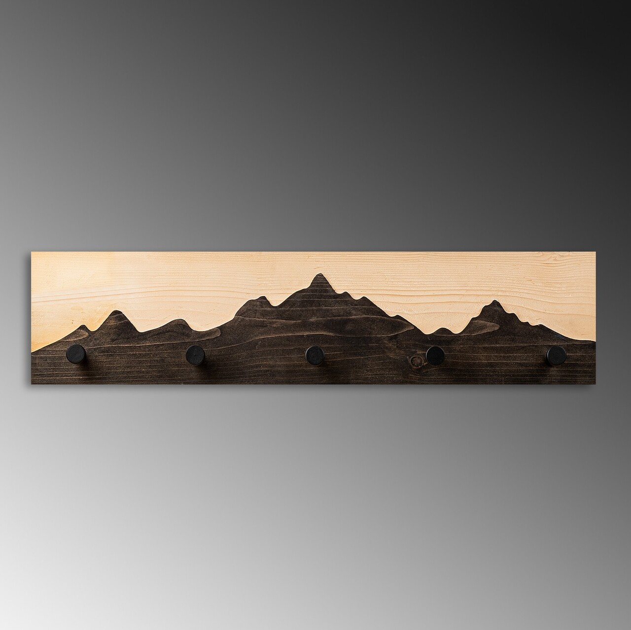 Cuier de perete din lemn, Mountain 3, Lățime: 60 cm Înălțime: 14 cm Adâncime: 5 cm, Natural/Negru - view 5