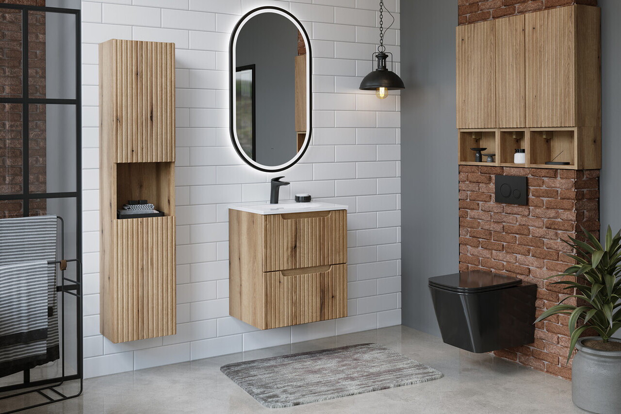 Set mobilier baie Nova Coast Evoke Sky 60 cm, dulap inalt si masca cu lavoar, Comad, MDF/PAL, stejar - view 3