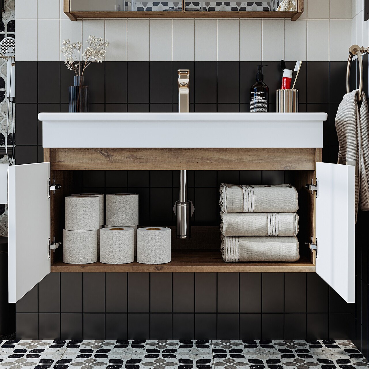 Dulap de baie cu chiuvetă, Hanah Home, 1901, 85x48x45.5 cm, MDF-LAM, Pin Atlantic / Alb Mat — imaginea 4