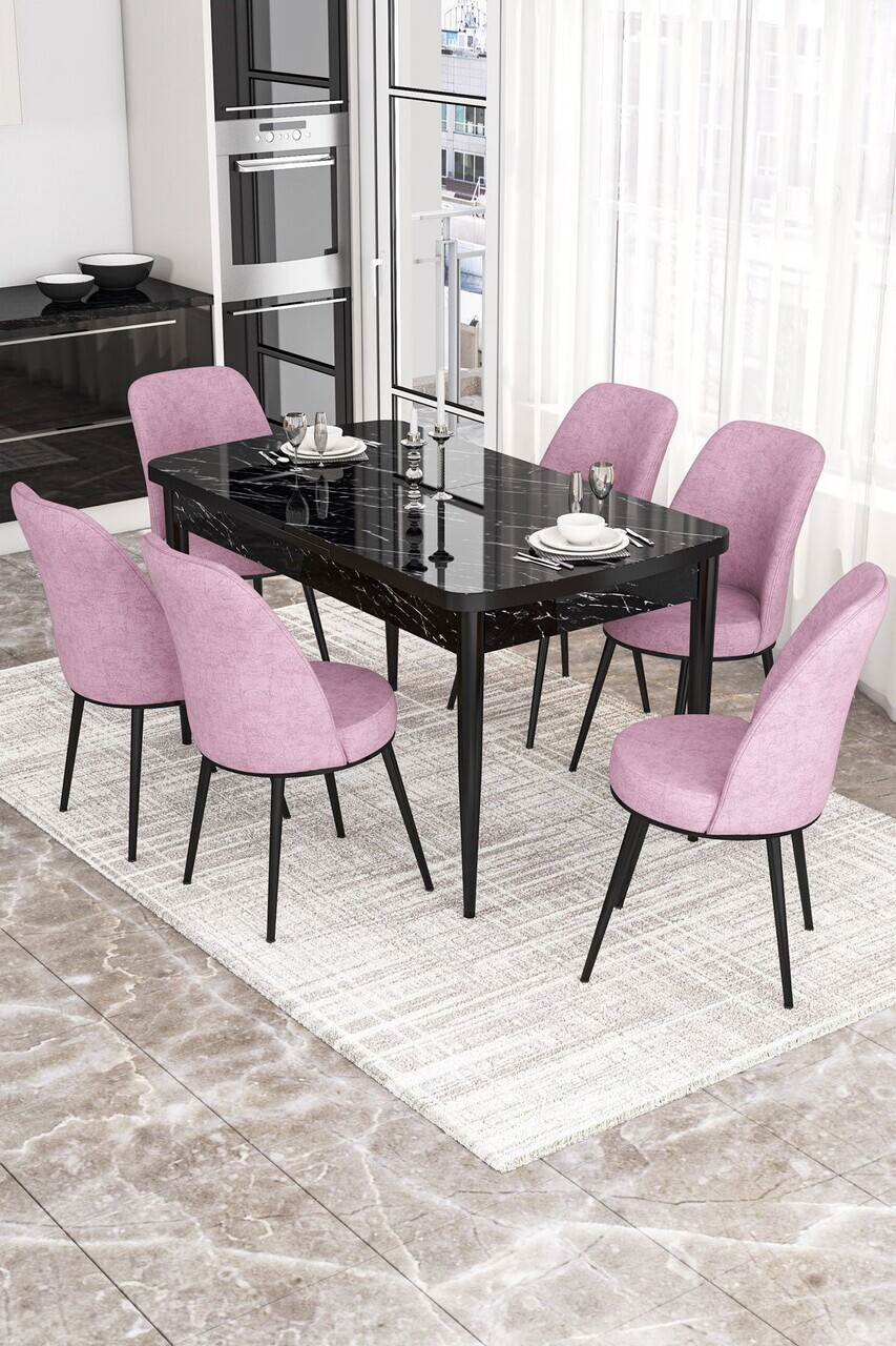 Set masa extensibila si scaune (7 piese), Hanah Home, Via, Model de marmură neagră / roz