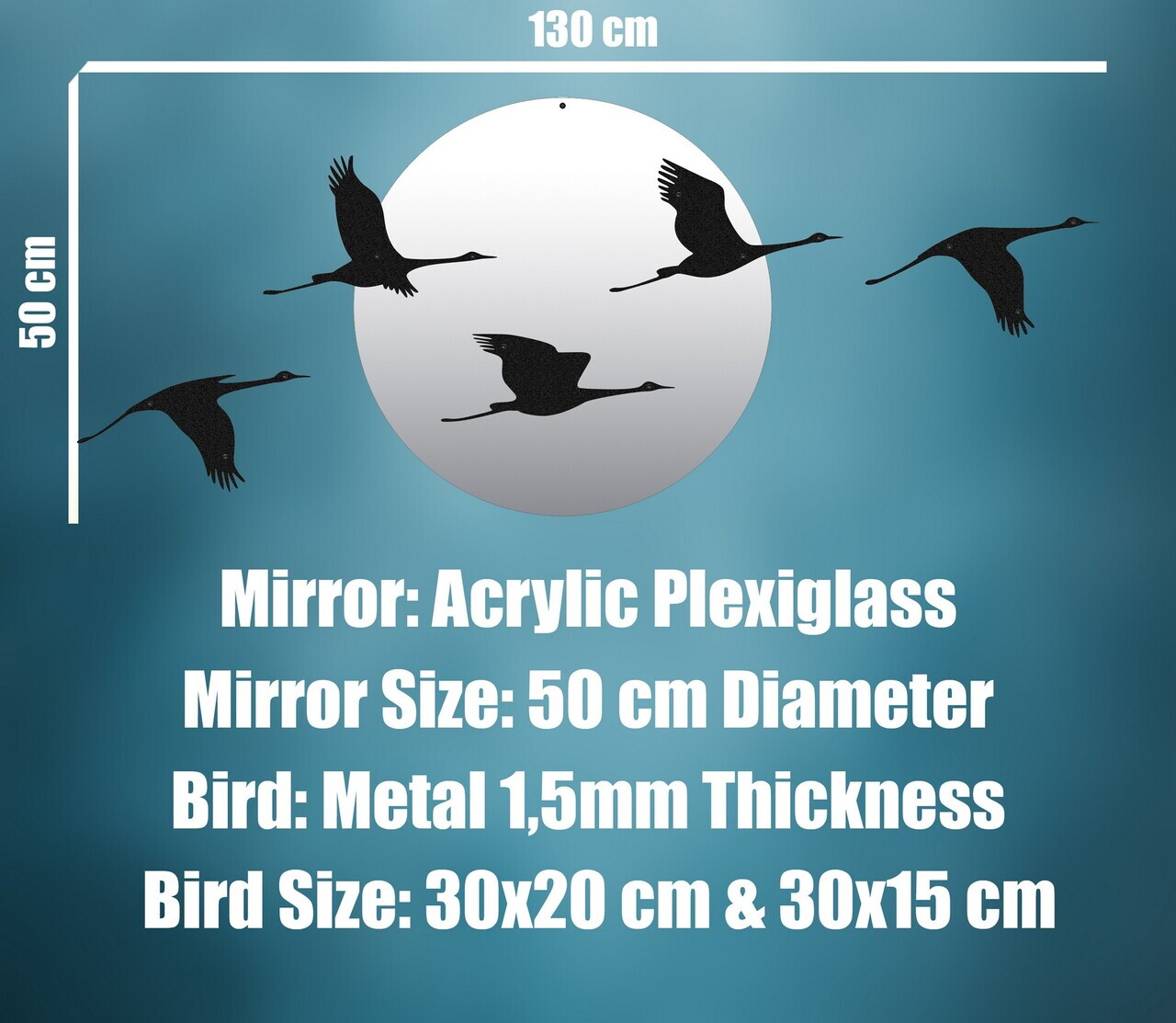 Set de accesorii decorative de perete din metal, DK-FLY-BR104, Diametru oglindă: 50 cm, Negru — imaginea 9