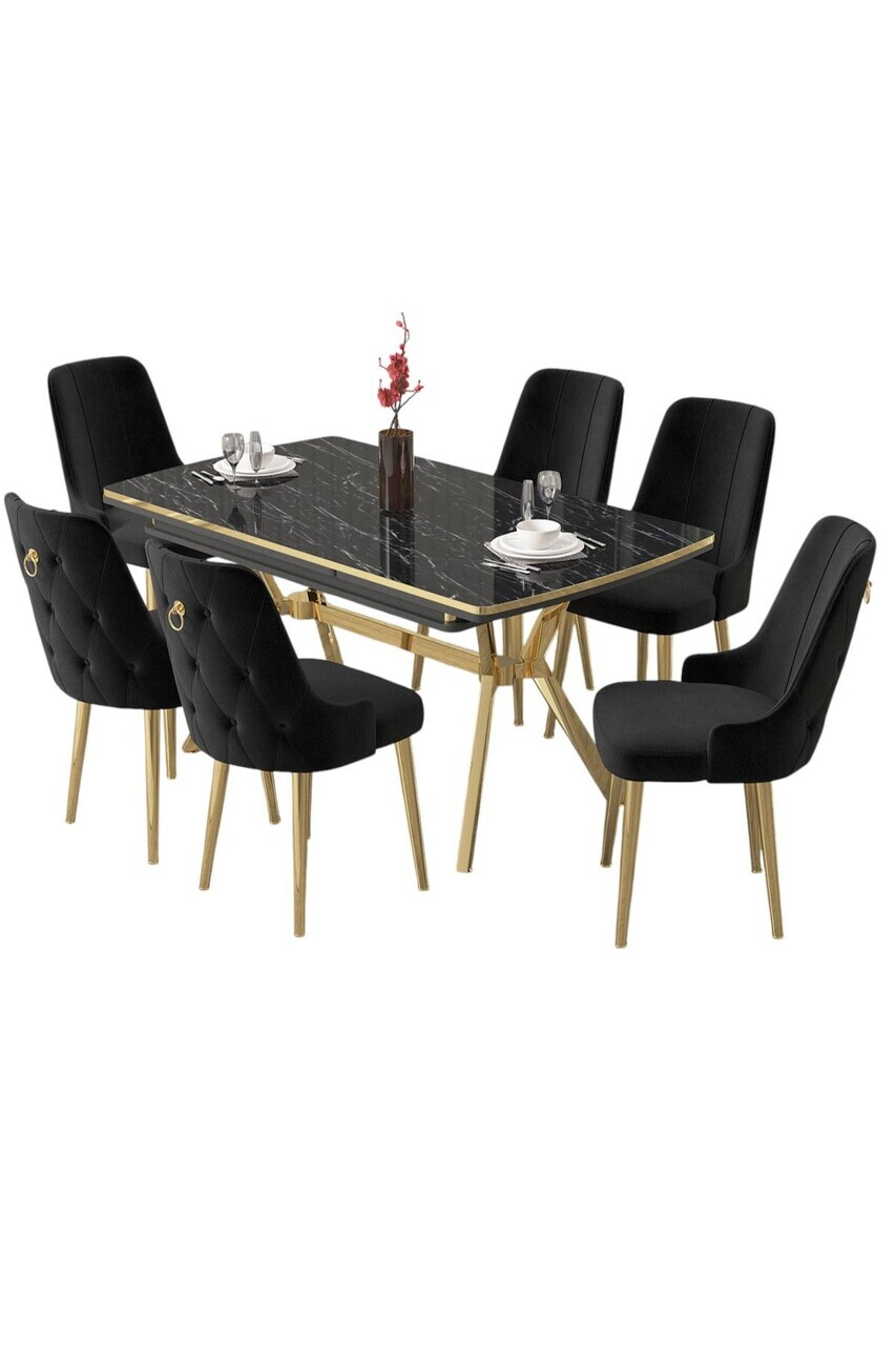 Set masa extensibila si scaune (7 piese), Hanah Home, Nis, Model de marmură neagră / Auriu / Negru — imaginea 2