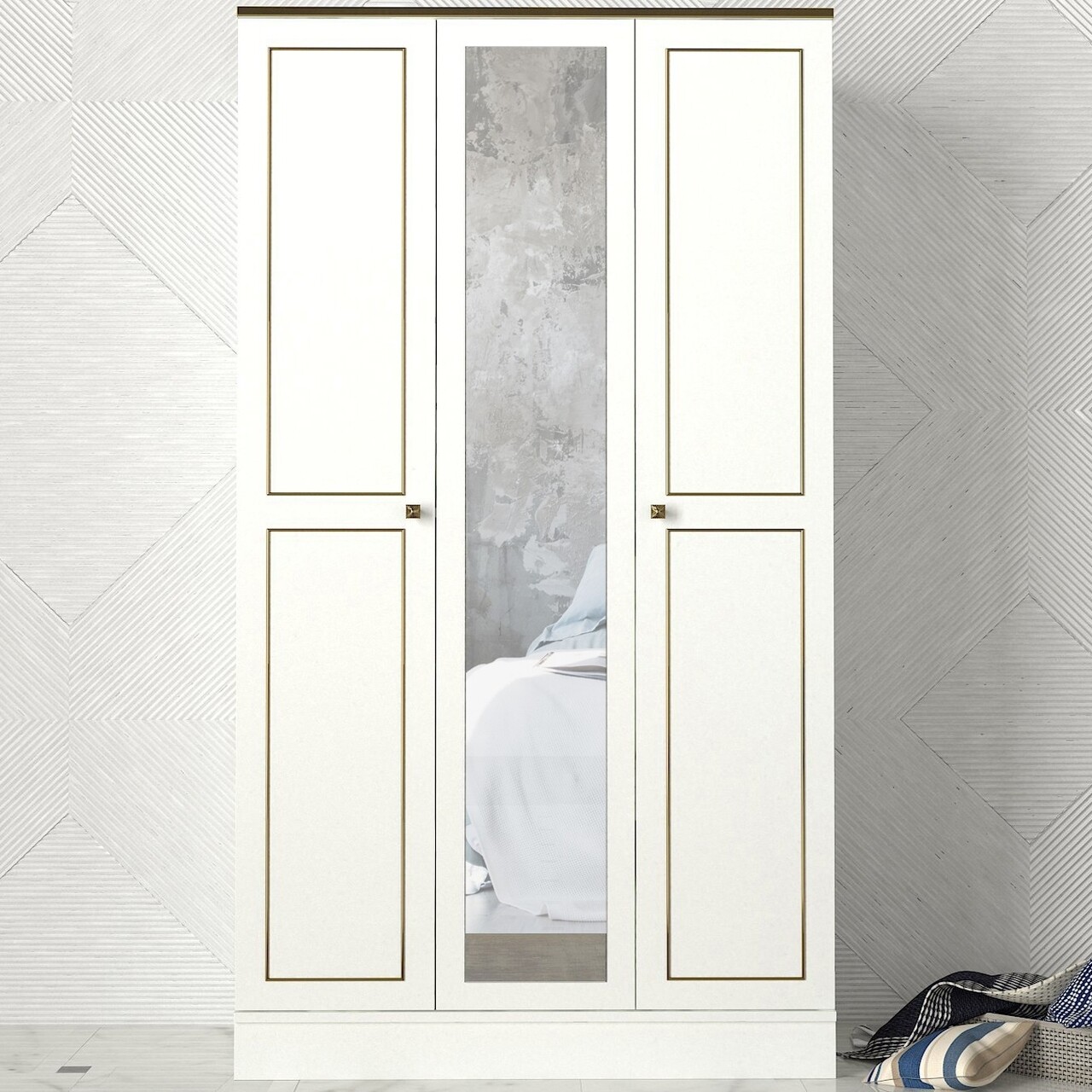 Dulap Pentru Haine Ravenna 3 Kapili White, Talon, 105 X 47.2 X 194 Cm, Alb/auriu