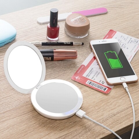 Oglinda de buzunar cu led si baterie externa, mirbat innovagoods, 3000 mah, 9.5 cm