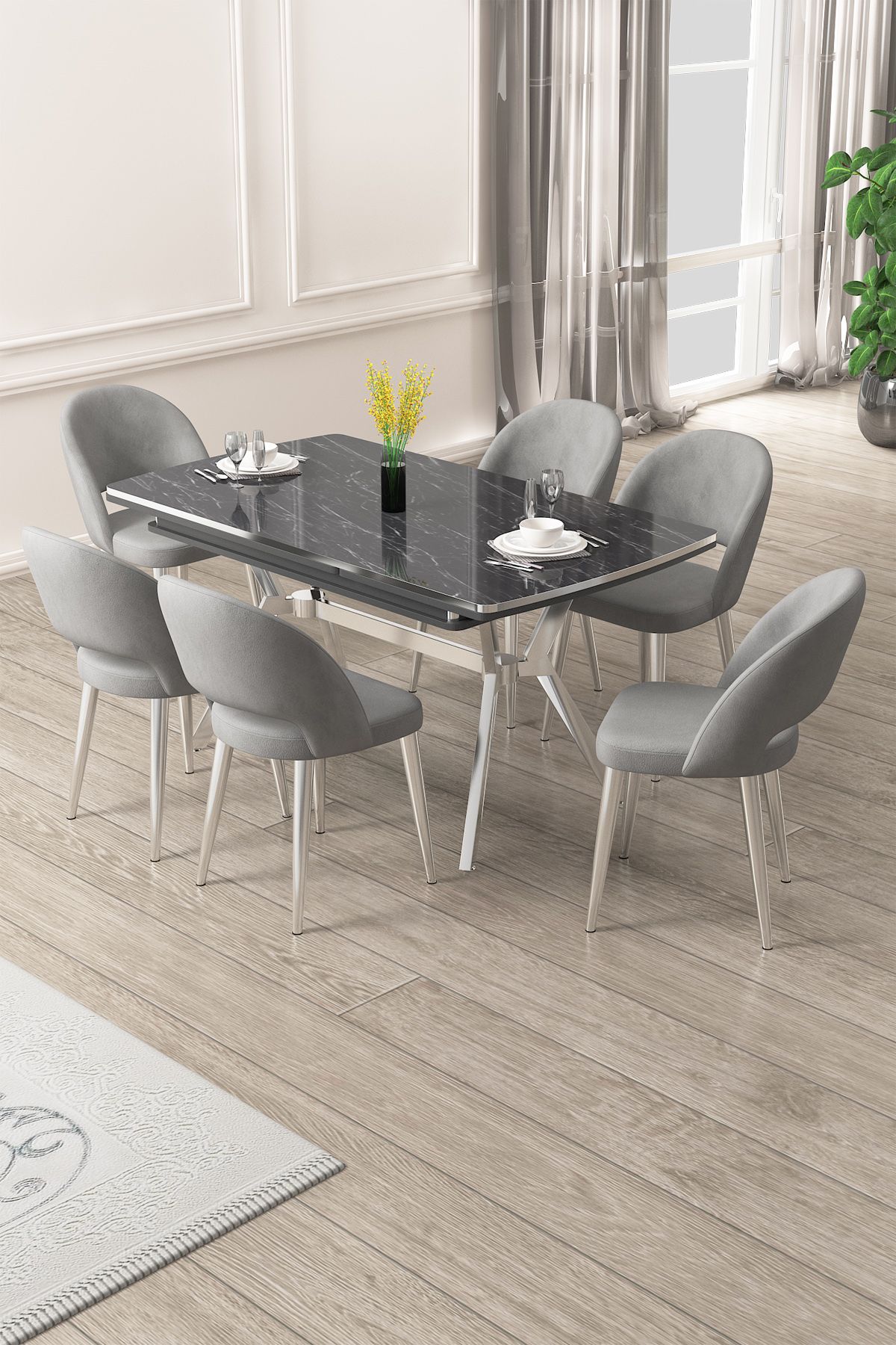 Set masa extensibila si scaune (7 piese), Hanah Home, Weps, Model de marmură neagră / Crom / Gri