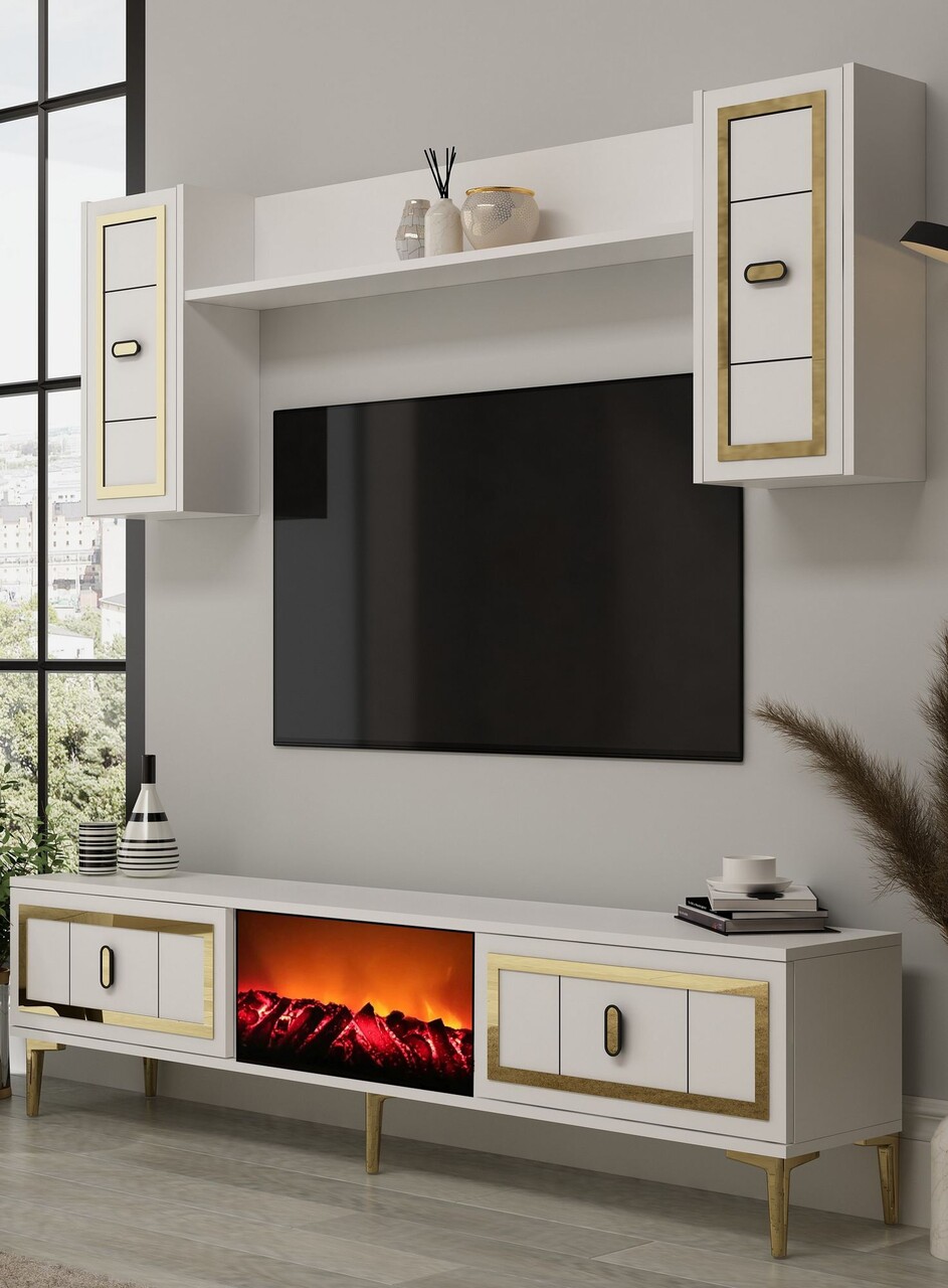 Comoda TV, Hanah Home, Orion Fireplace, 150x44.6x29.6 cm, PAL , Alb/Auriu - imagine 2