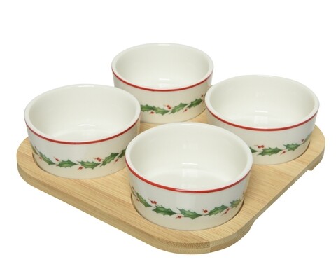 Set 4 boluri cu suport Tapas, Decoris, bambus, multicolor