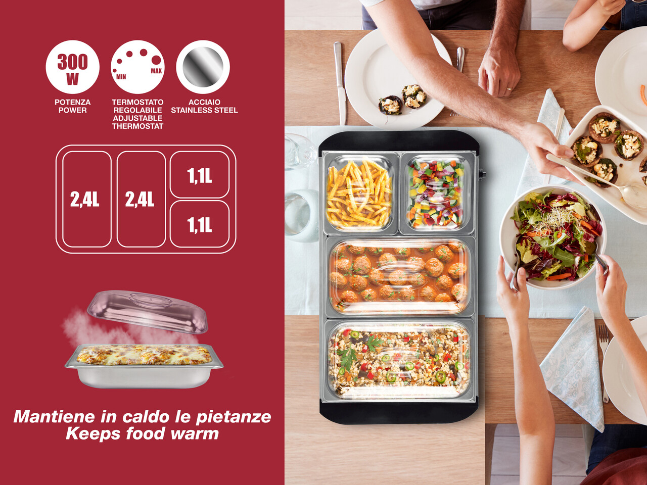 Incalzitor de servire bufet Beper, 300W, 63x37x14 cm, inox/plastic, argintiu