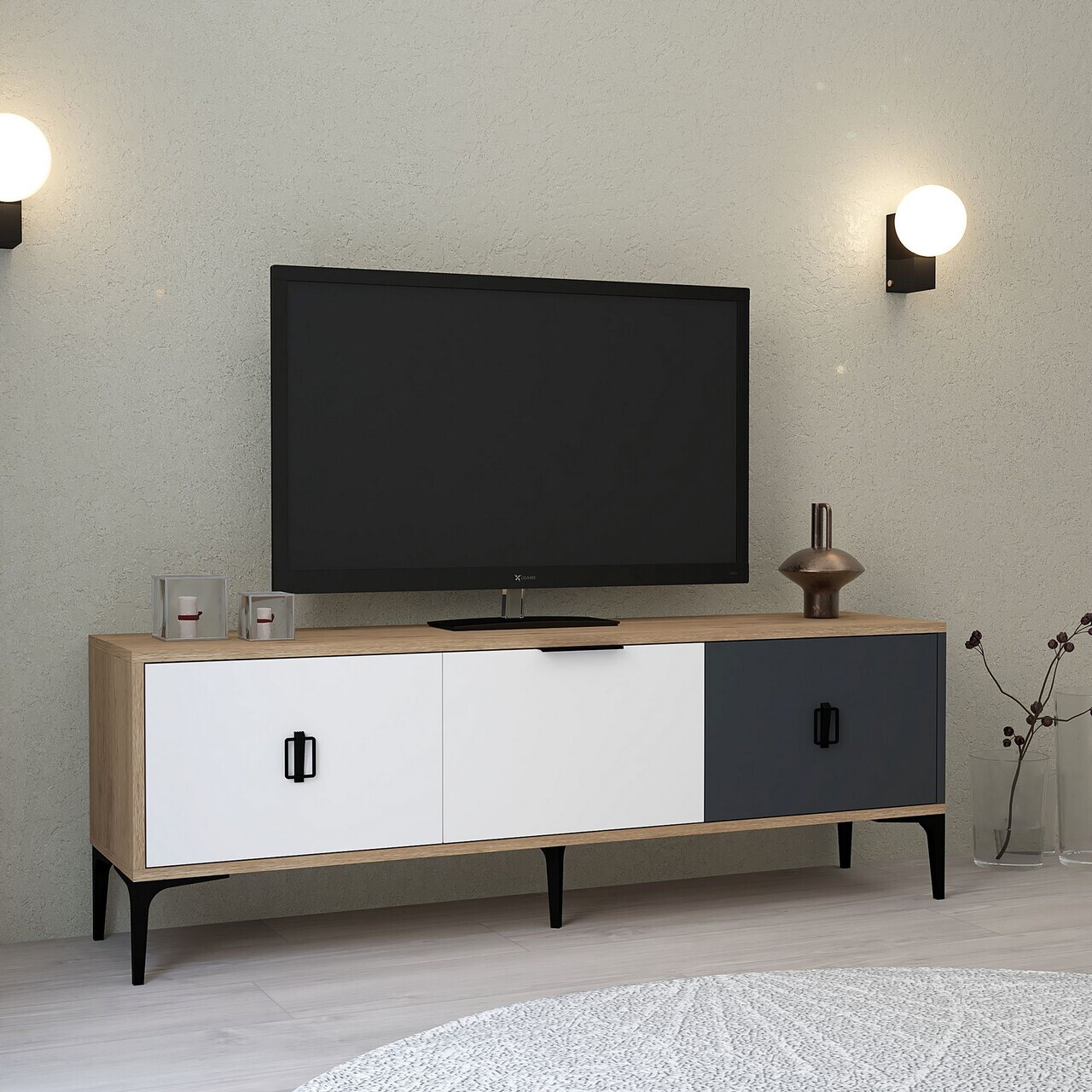 Comoda TV, Hanah Home, Neva 3501, 150x50x35 cm, PAL, Stejar / Alb / Antracit — imaginea 4