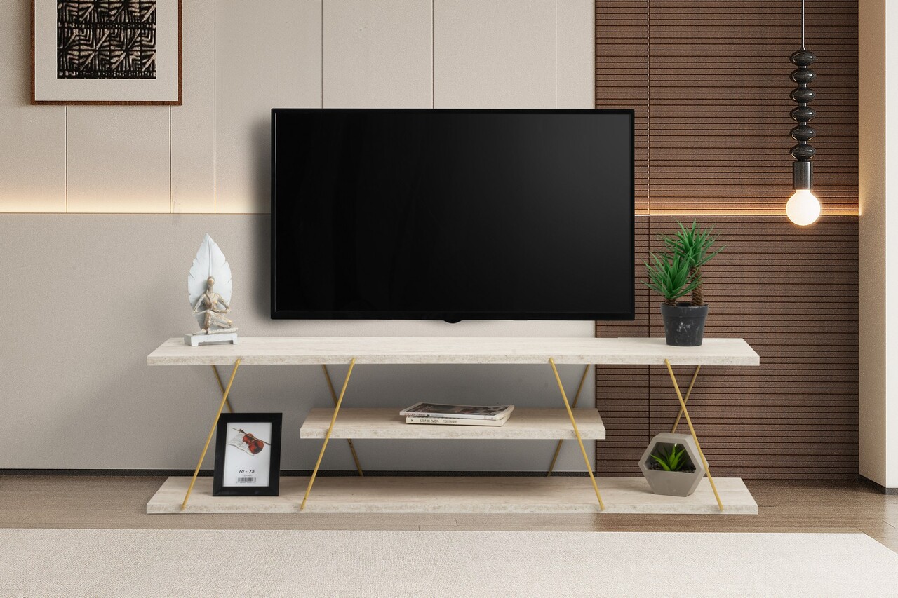 Comoda TV, Hanah Home, Canaz, 120x33x30 cm, Travertin / Auriu - view 2