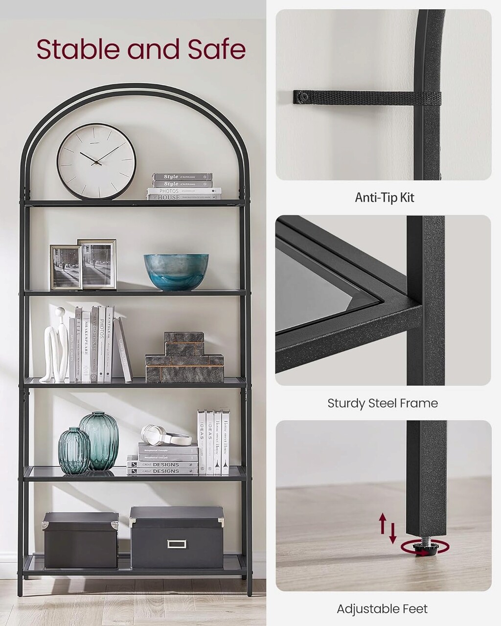 Biblioteca Arched Design, Vasagle, 83x30.2x183.5 cm, otel/sticla temperata, negru - 2 | YEO