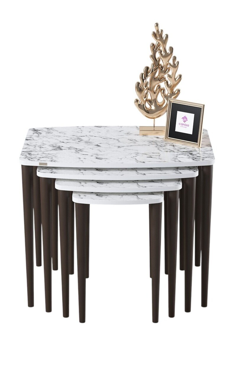Set masute Nesting 4 piese, Hanah Home, Telwe, Model de marmură albă / Nuc — imaginea 2