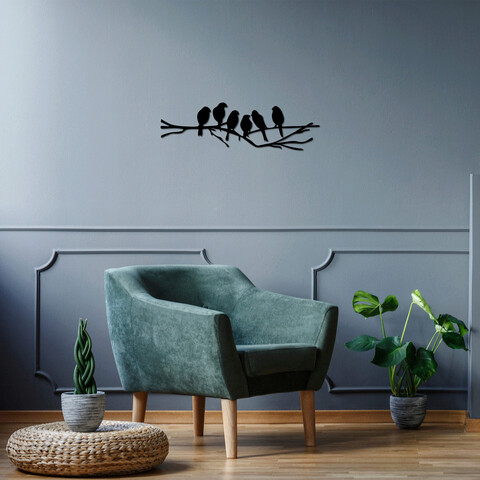 Decoratiune de perete, birds on the branch, metal, 70 x 21 cm, negru