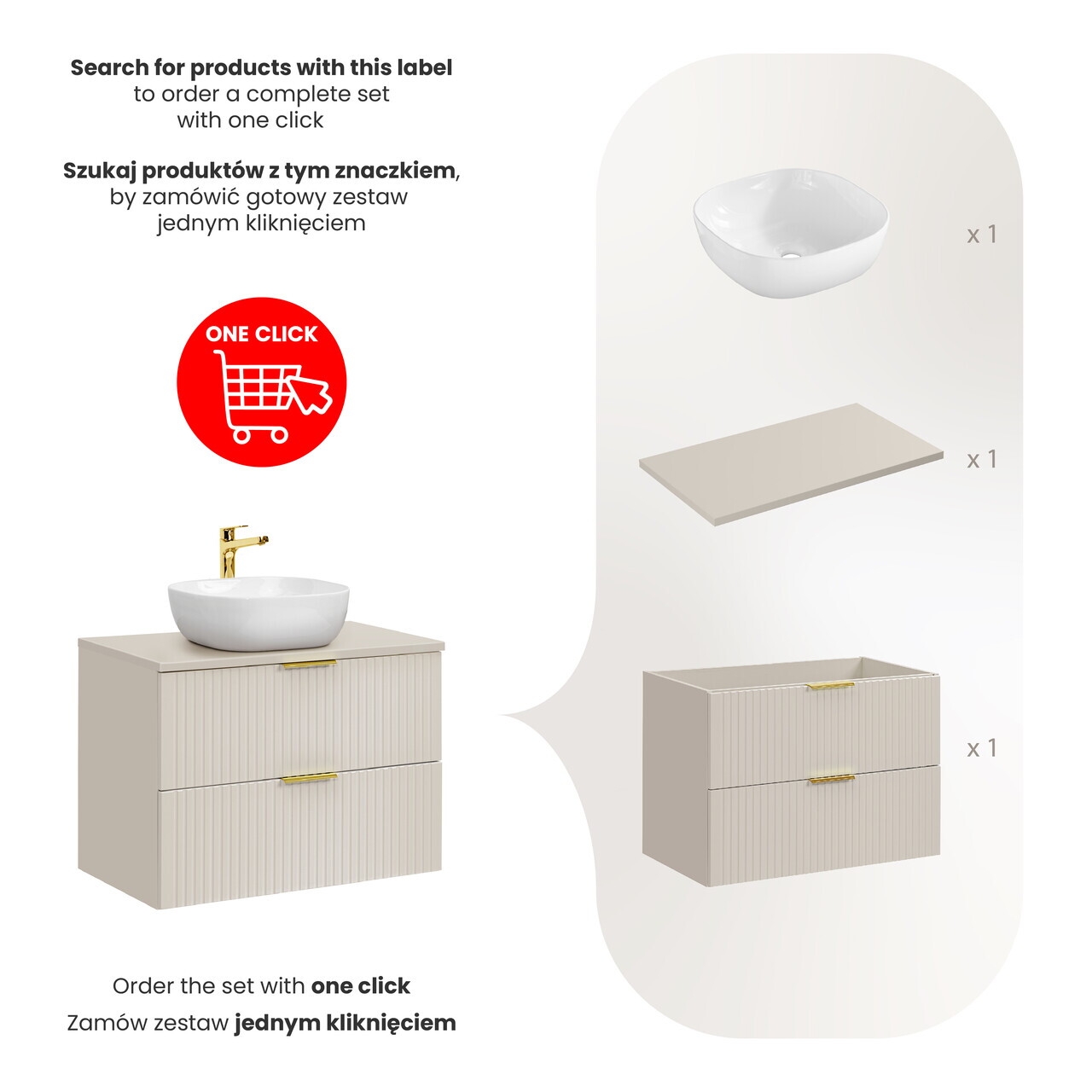 Set mobiler baie, dulap cu lavoar, 80 cm Smile, Adel Cashmere, Comad, MDF/PAL laminat, casmir mat — imaginea 2