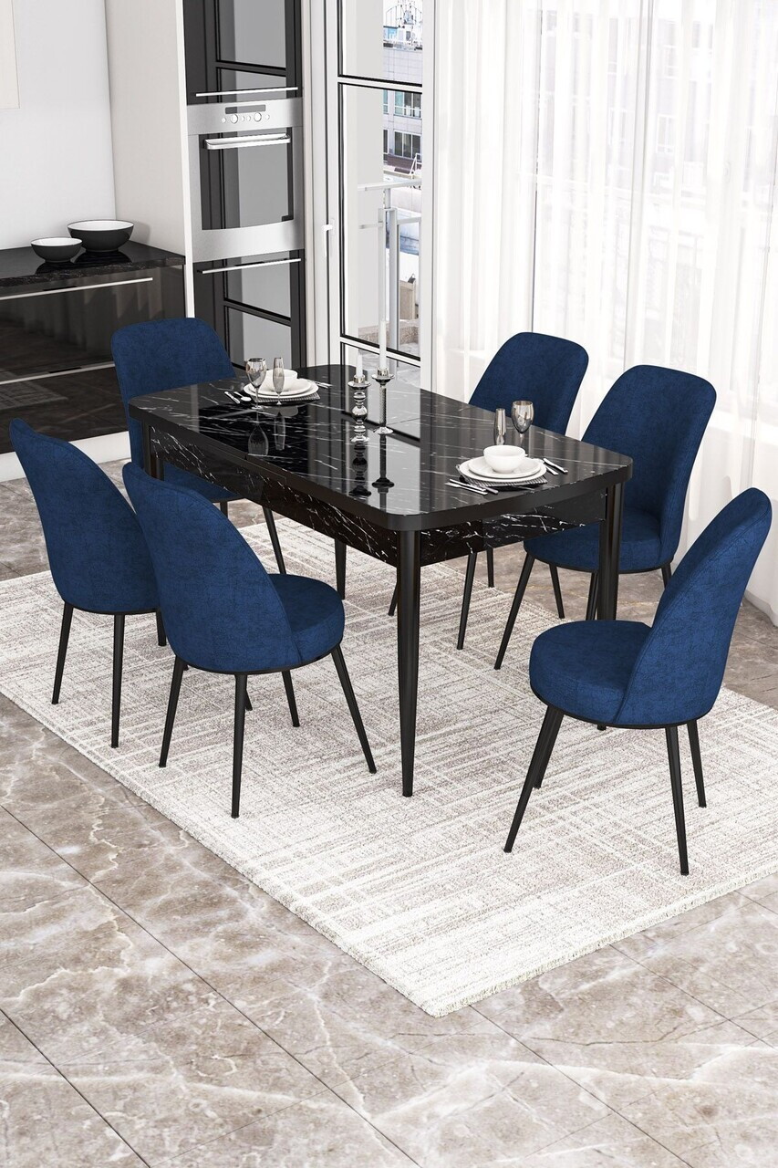 Set masa extensibila si scaune (7 piese), Hanah Home, Via, Model de marmură neagră / Bleumarin