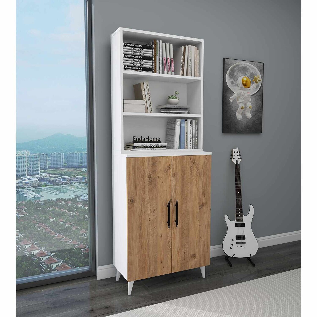Corp biblioteca, Hanah Home, Oras, 65x183.4x32 cm, Pin Atlantic / Alb