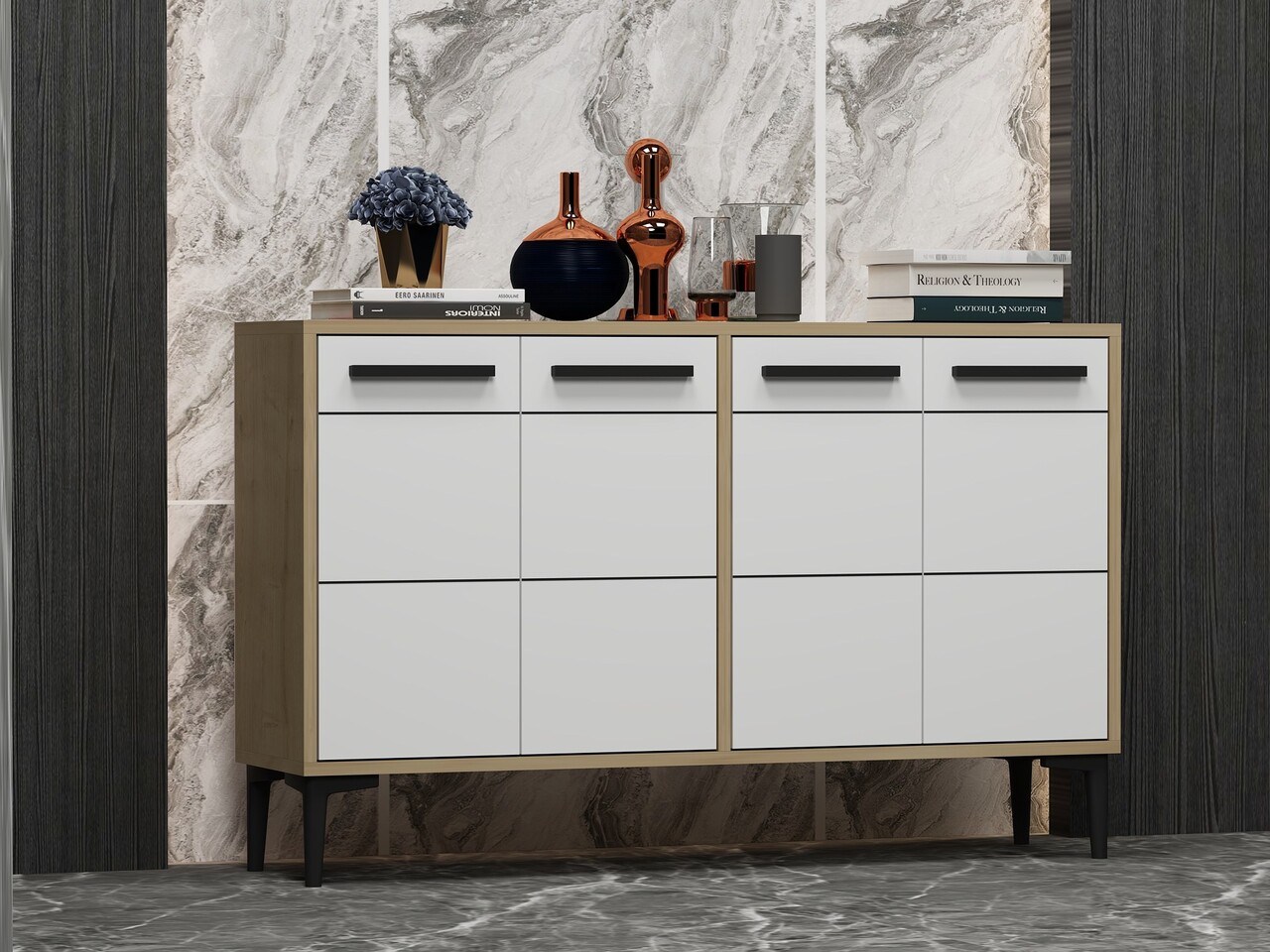 Comoda TV, Odessa, Stria, 120x30x75 cm, PAL, Stejar Safir / Alb - 1 | YEO