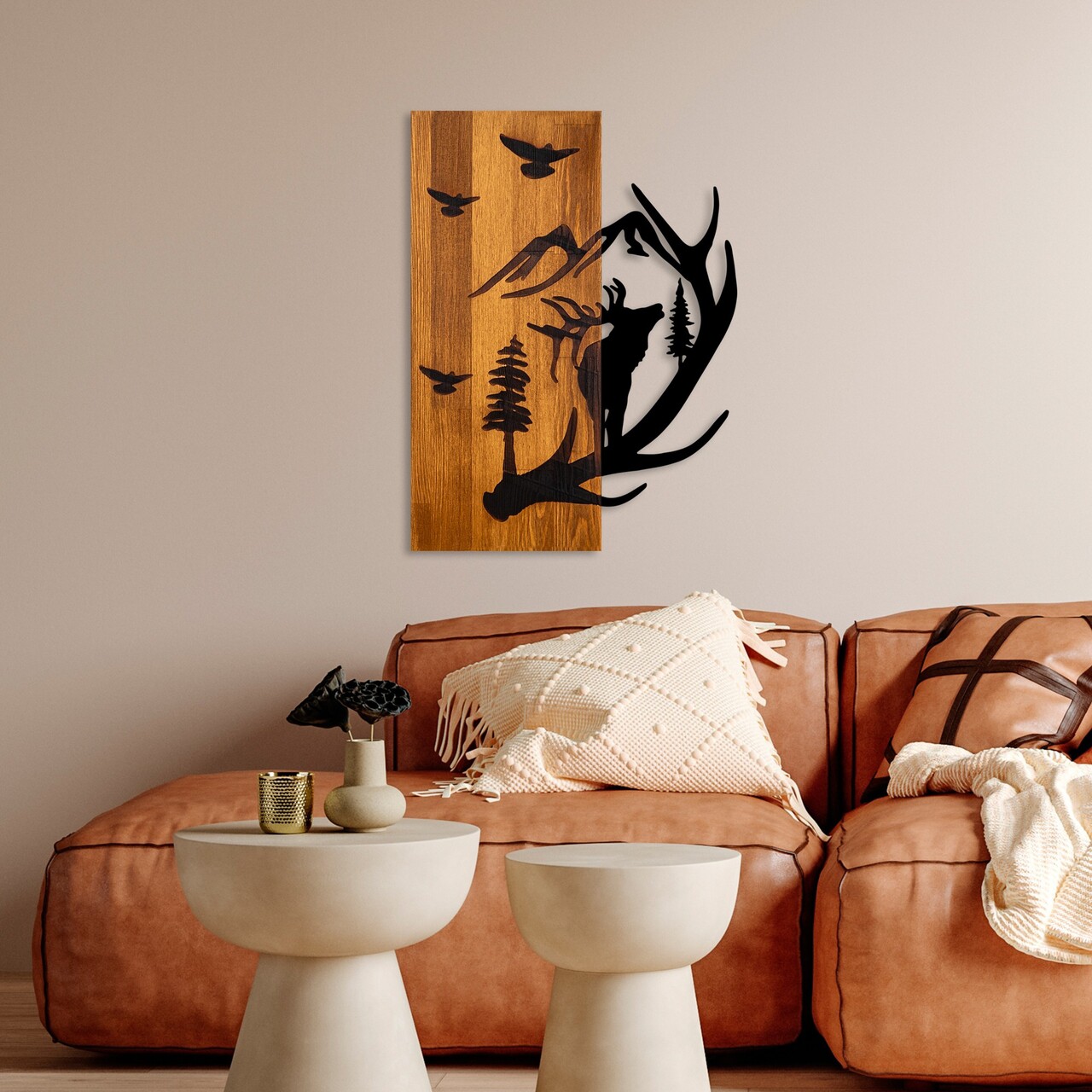 Decoratiune de perete, Deer and Mountain, Lățime: 43 cm Înălțime: 58 cm Adâncime: 3 cm, Nuc / Negru - view 3