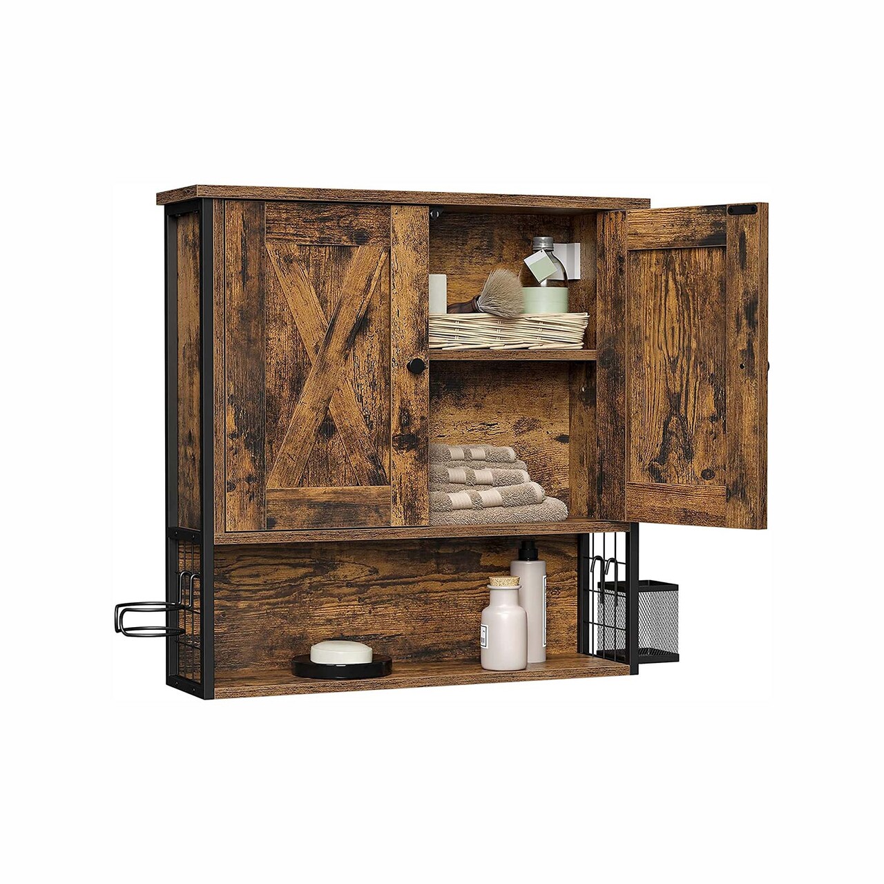 Dulap de perete cu 3 rafturi si suport uscator de par, Vasagle, 60x16x60 cm, PAL/otel, maro rustic