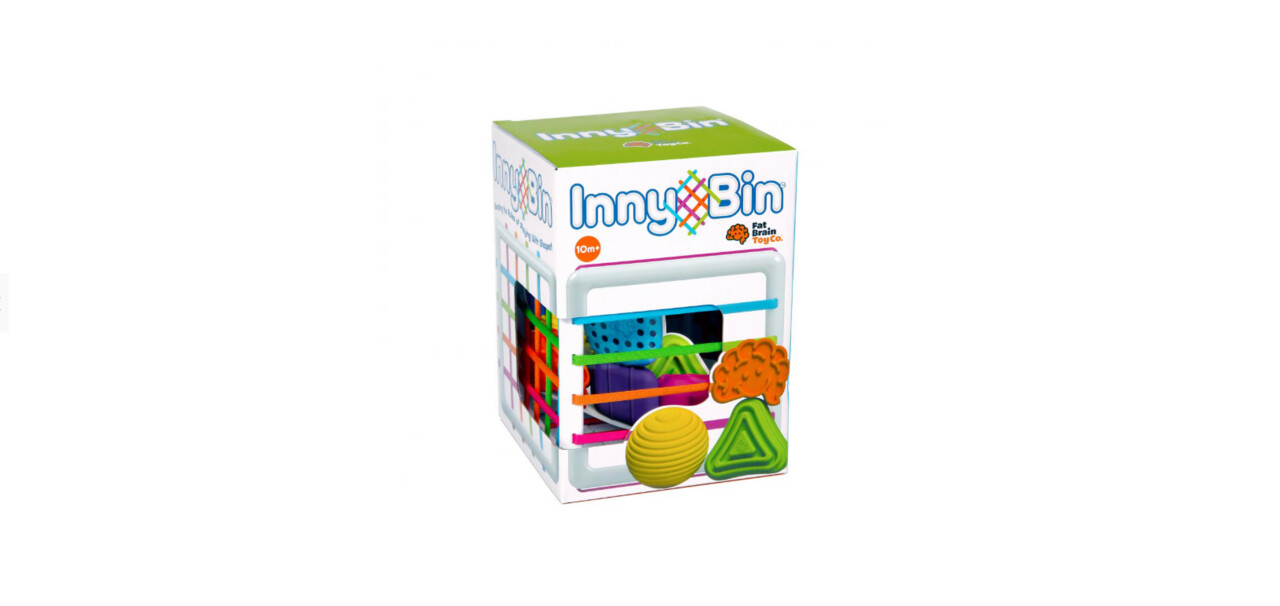 Joc Cutie de sortare cu forme Innybin, Fat Brain, Tomy, 21x14.6x14.6 cm, textil/plastic/silicon, multicolor