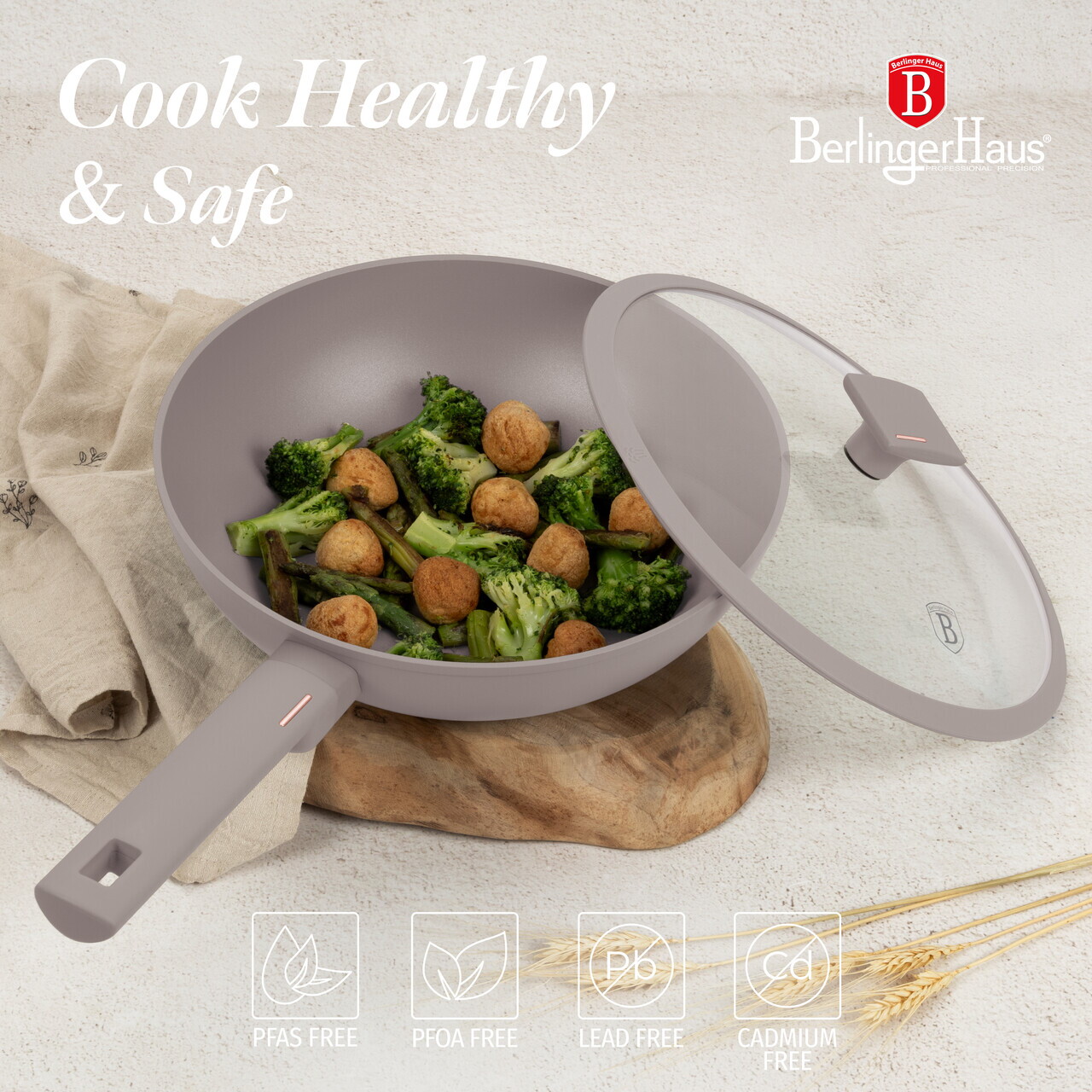 Tigaie Wok cu capac Berlinger Haus, Taupe, 28 cm, 3.2 L, aluminiu forjat, taupe mat - imagine 8